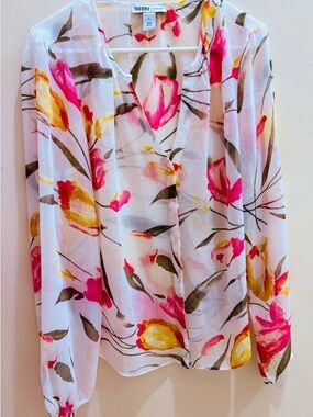 White House Black Market White Sheer Blouse with gorgeous Floral Print.